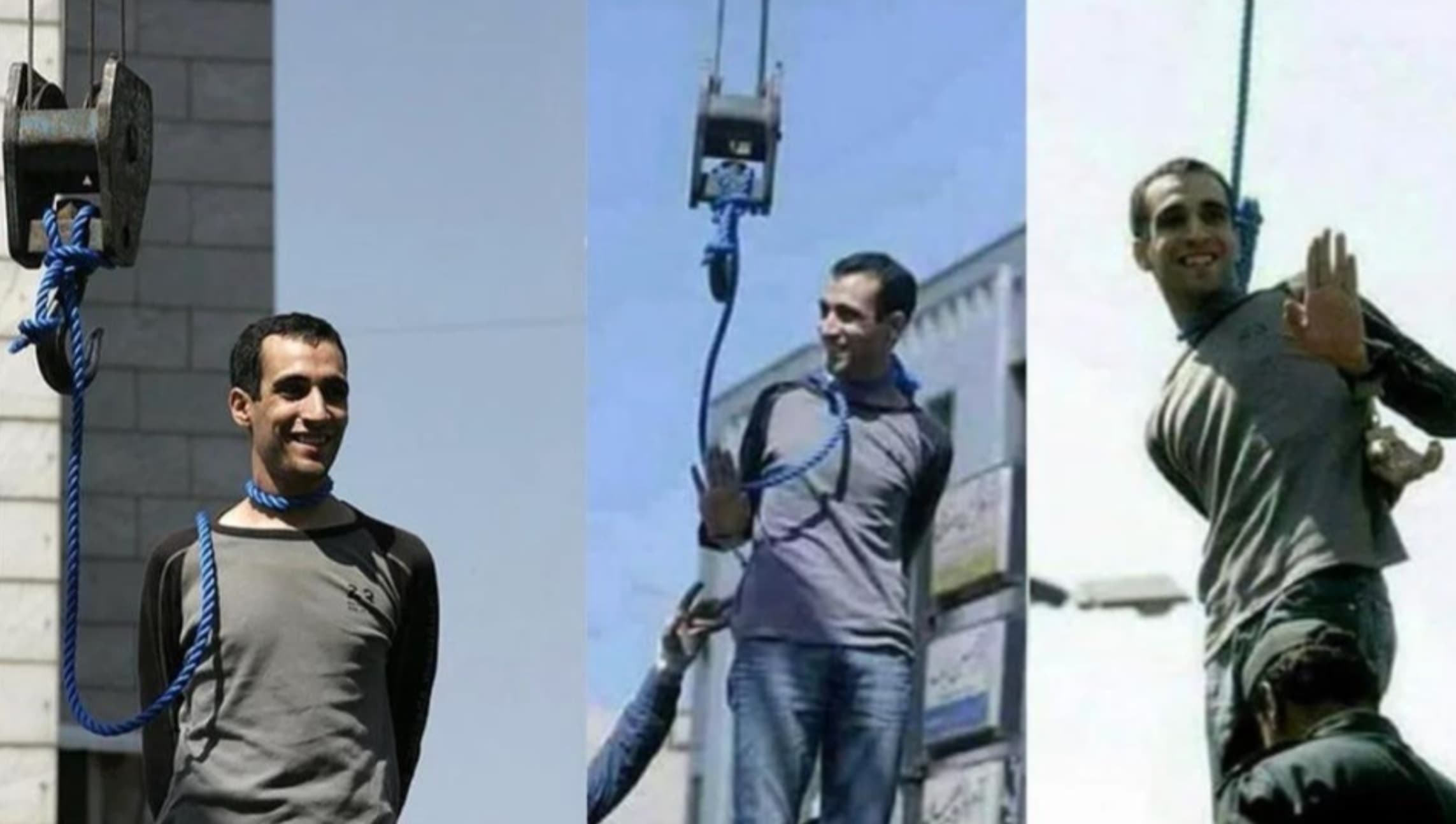 “An Iranian man smiles and waves at his nephew before getting hanged from a crane.”